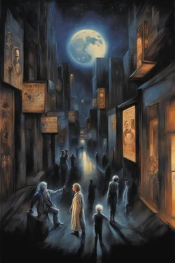 modern movie poster art by Drew Struzan, with text "THE MUSIC OF THE MOON" by "THOMAS LIGOTTI" about a somambulist who is drawn to the night streets following sinister dreamy music, gauzy textures, surreal art, cool somber colors, dramatic mixed media, intricate detail, volumetric lighting, artistic photo layering effect.