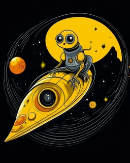 A strange creature flying in space on top of a speeding rocket. It has a head in the shape of a yellow and black circle with yellow edges as well