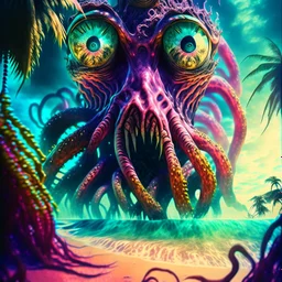 Monster from the ocean floor octopus tentacles big eye woman in distress Beach Palm trees 1950s vintage film poster Modifiers: digital painting sharp focus fantasy intricate 8k cinematic lighting dynamic lighting award winning fantastic view close up 4K 3D Unreal Engine colourful cinematic postprocessing VRay Landscape Ultra realistic Iridescent salvator dali Craig Rutkowski