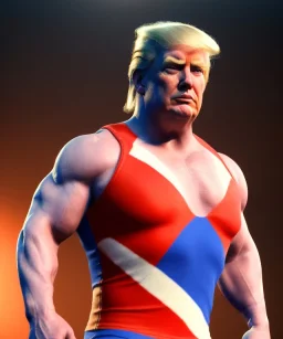 Realistic image of Donald trump wrestler, Mexican wrestling style, liner eye, red and blue breeches, us flag dress, suspenders, retro style, 80s, vibrant color, highly detailed, clean background, concept art, unreal engine 5, god rays, ray tracing, RTX, lumen lighting, ultra detail, volumetric lighting, 3d, finely drawn, high definition, high resolution.