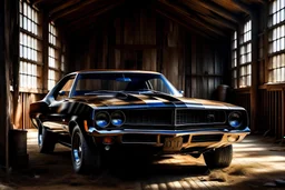 abonded american muscle car in a barn oil paint