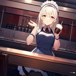 anime waitress taking her break at booth inside a New York diner with two identical coffee cups placed in front oh her on the table,cup is over flowing onto the table