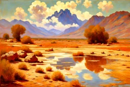 Arid land, clouds, mountains, rocks, puddle, vegetation, claude monet impressionism painting