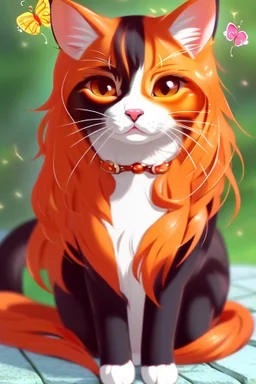 very cute anime cat with long orange hair catching a butterfly