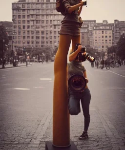 Statue of Queen of photography. Cute blonde woman. Photographer in golden crown. Standing on the street. Big camera in her hand. hyperdetailed, photorealistic, trending on artstation, greg rutkowski, beksinski, kodachrome, lomography, golden hour, bokeh, volumetric light