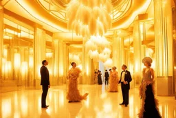 People in glittering extravagant costumes with feathers, in an Art Deco opera foyer with mirrors and brass sconces, incandescent, gleaming