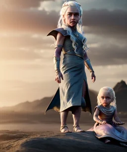 Daenerys Targaryen toddler, full body, dramatic lighting, angry, hyper realistic,