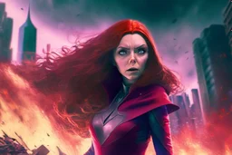 Wanda Maximoff, mulher, jovem, cabelos ruivos, olhos vermelhos, corpo inteiro, fundo cidade destruída, cores brilhantes, de lado destruindo algo com sua magia vermelha, traje da feiticeira escarlate, dramatico, 4k render, imagem cinematográfica. Cores frias, magia em suas mãos, magia vermelha claro