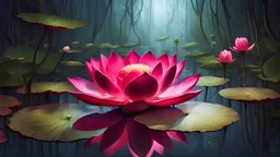 Magical ruby Lotus flower, growing,swamp, masterpiece