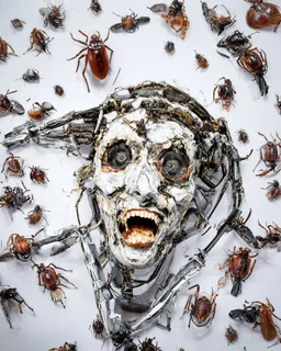 horror, swarming mechanical robotic insects, bugs, cockroaches, flies, spiders, ticks, parasites screaming person, pain, decay
