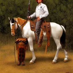 cowboy sitting around brush with pinto horse behind him, rifle held across knees, 8k, high-quality, ultra-fine detail, Brian Froud, Howard Lyon, Anna Dittman, Anne Stokes, Selina French, Greg Rutowski