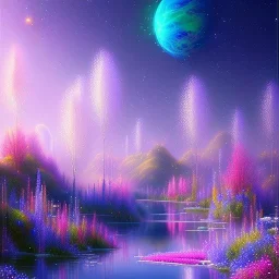  big cosmic flowers crystal subtle in a galactic ambiance , blue lake, cascade, delicate flowers, delicate colors, bin the foreground, full of details, smooth，soft light atmosphere, light effect，vaporwave colorful, concept art, smooth, extremely sharp, masterpiece, best quality, blue skinned, sparkling,8k, , sun light, 8K, RAW, depth of field,high contrast,