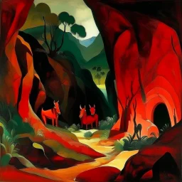 A dark red cavern near a Karoo designed in Scandinavian folk art painted by Paul Gauguin