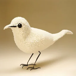 a surrealist sculpture of a bird made of white buttons,by artist "Meret Oppenheim"