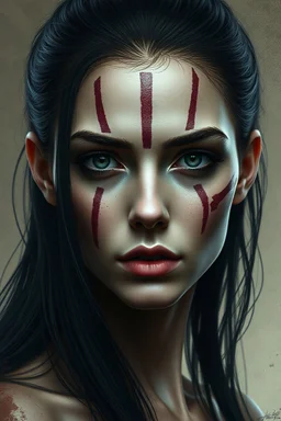 Fantasy woman with black hair. scars across the entire half of face