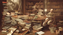 Description of the image: An image representing a person engaged in focused reading and learning, with books and articles spread out in front of them, symbolizing dedication to continuous learning and self-improvement.
