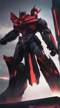 A close picture to Mix between transformers and batman in solo leveling shadow art style with red details detailsis in fantasy world