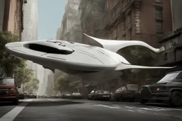 small, sleek, cargo spaceship, looking like a mantaray, landing on an alien street, photorealistic, highly detailed