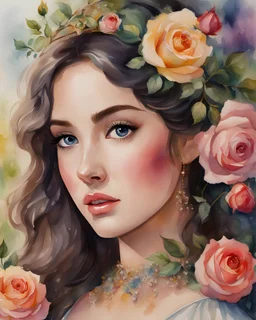 illustration art, Watercolor painting of Cinderella, pretty face, front view, beautiful lovely eyes, surrounded by roses, watercolor painting style, watercolor painting, watercolor paper, beautiful painting, masterpiece, detailed watercolor painting, best quality, high detailed, high quality, 8k.