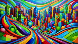 A colorful urban landscape with a winding road, buildings, and a hilly background with a vibrant, almost abstract style with bold colors and geometric shapes