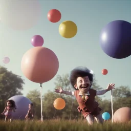 Ultra realistic circus scene. Sweet big hair monster flying. Child’s playing, strong man, smile, happy, color bubbles, smooth color, waist up view, Wes Anderson style, dark ambient, highly detailed, concept art, unreal engine 5, god rays, ray tracing, RTX, lumen lighting, ultra detail, volumetric lighting, 3d, finely drawn, high definition, high resolution.