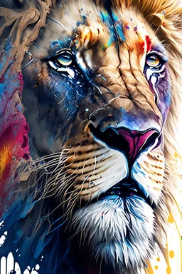 "lion", clean design, epic Instagram, art station, splash of colorful paint, contour, ((solid white background)), closeup, looking into camera, hyperdetailed intricately detailed, unreal engine, fantastical, cinema lighting, intricate detail, splash screen, complementary colors, fantasy concept art, 8k resolution, DeviantArt masterpiece, watercolor, paint dripping