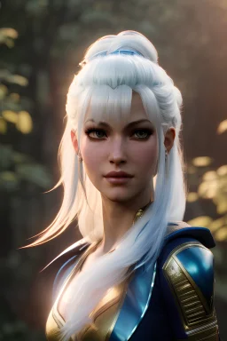 Portrait, aasimar female Bard character, white hair, blue irises, very muscular, athletic, clear complexion, scars on body, waist up portrait, 4k resolution, intricate details, ornate details, soft lighting, vibrant colors, retroanime, masterpiece, natural background, realistic