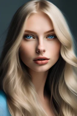 White Caucasian Blonde Y Woman with Blue Eyes, full lips, and long hair, unblemished and flawless.