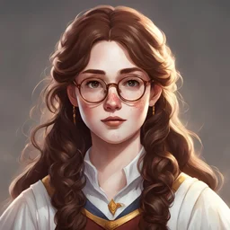 dungeons and dragons female human, pale skin with light freckles, brown long wavy hair with a middle part and short side swept bangs, brown eyes, thin round glasses like harry potter but gold in color, round face structure with full rosy cheeks, extra fat in face, not thin