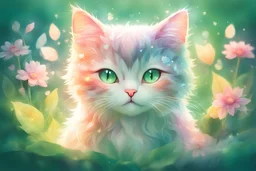 double exposure, merged layers, diaphanous colorful transparent light cute chibi anime cat with glowing center on green leaves and flowers, heart and love, pastel colors, melting watercolor on wet paper, soft strokes, shading colors, ethereal, otherwordly, cinematic postprocessing, bokeh, dof in sunshine