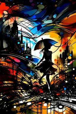 A spirited woman dancing with an umbrella amidst a chaotic cityscape, blending fluidity and structure. Sumi-e elements with a dynamic twist, vibrant city lights as a backdrop, expressive movement, urban energy, abstract contours, contrasting lights and darks, energetic and alive.v0.2