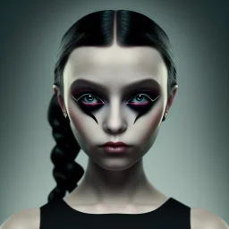 wednesday addams, wednesday addams hair, wednesday make up, wednesday black dress, cinematic, hyper detail, 8k resulation