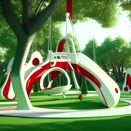 Perspectiva completa Parque infantil juegos columpios estilo Zaha Hadid obra de arte digital detallada color blanco crema y rojo imperial impactante árboles verde profundo niños personas foto realista arte Bauhoaus iluminación cinematografica 4k