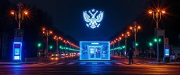 a holographic russian checkpoint projected by the street lights