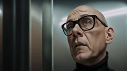 A striking, photorealistic portrait of Chris, a middle-aged european man with a slightly shaven head , wearing black square glasses, black shirta and makes a scared face. The background reveals a futuristic neon light, designed with modern, sleek lines and advanced technology. The overall ambiance gives off a sense of professionalism and cutting-edge innovation., photohigh detalied, sharp focus, professional photo