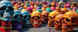 a field of skulls, multi colored, bright, vivid, psychedelic, high detailed, high gloss, insanly detailed, matte, horrorcore, lining the street, unsettling contrast, monument to death