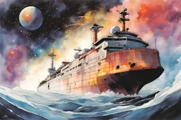 create an interstellar container ship caught in a swirling celestial maelstrom, cosmic patterns, and dreamlike scenes, stars, planets, in the comic book style of Bill Sienkiewicz and Jean Giraud Moebius, ink wash and watercolor, highly detailed and sharply defined