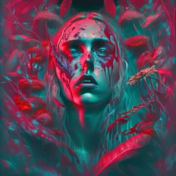 iridescent, Singer Danish MØ face, blood, futuristic, guts, wildflower, cosmic, intricate, darkred tones,sidhe, ominous, nature, plants,