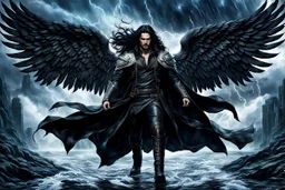 floating Badass fallen angel, attractive man with long black hair, dark leather cloth, boots, high quality, detailed, cinematic. digital art, fantasy, sci-fi, storm, masterpiece