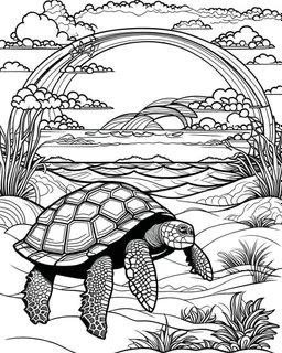 coloring pages for kids, Pacific island shaped Japanese ink painting, paradise, sea turtles, yellow sun , Art drawing .super detailed, anime cartoon style, thick lines, low detail, black and white, no shading, --ar 85:110