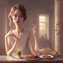 a dinner date with the girl next door, slice of life, modern, realistic,!! looking at the camera!!, solo, first person pov, enjoying life!!! elegant, highly detailed, digital painting, artstation, concept art, matte, sharp focus, illustration, art by Malika Agueznay.