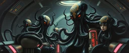 master oil painting by Rembrandt, black glistening slimy octopus insectoid hypnotic Nephilim tribal ornamented insignia trauma watchers commando in spaceship with some scared humans in huge neon canisters, in the style of Giger, 3d anime