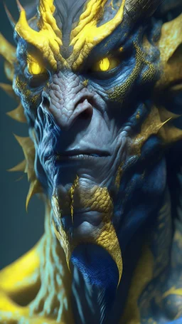 A Na'vi Ogre Dragon with large yellow eyes, tattooed skin, starring viciously at the viewer, 8k resolution concept art portrait by Greg Rutkowski, Artgerm, WLOP, Alphonse Mucha dynamic lighting hyperdetailed intricately detailed Splash art trending on Artstation Unreal Engine 5 volumetric lighting, by Hajime Isayama, H R Giger