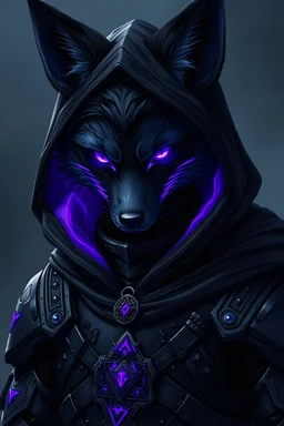 realistic anthro fox boy with pitch black fur, purple glowing runic tattoos, and a second pair of eyes underneath his normal eyes, which are usually closed, in heavy robed black futuristic armor with a hood looking serious