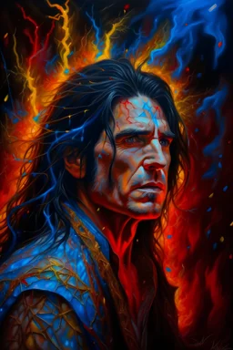 fire, lightning, wind, rain, volcanic lava, fireworks, explosions, multicolored neon lights, Paul Stanley/Elvis Presley/Keanu Reeves hybrid in the art style of Leonardo De Vinci, oil paint on canvas, 32k UHD, hyper realistic, photorealistic, realistic, life-like, extremely detailed, extremely colorful, sharp beautiful professional quality,
