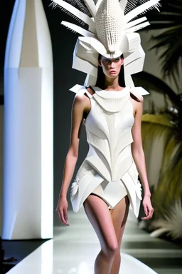 model in runway with dress high tech inspired by apulia trullo and coconut palm and orchids headgear