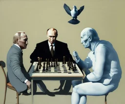 Putin, President Xi Of China And Joe Biden Play Chess With A Pigeon,Ufo,Complex Surgical Instruments,A Newborn Boy,Minimalism,Painting By Lucian Freud,Rene Magritte,Adrian Ghenie,Michelangelo,Salvador Dali,Pablo Picasso