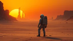 In the distant future, a lone astronaut stands on an alien desert, the sun setting in vibrant hues of orange and yellow. His helmet reflects the light as he gazes at towering structures on the horizon—remnants of a once-great civilization. With every step through the barren sands, the weight of his mission grows heavier. Is he a pioneer, or merely the last witness to a forgotten world? The silence around him , surreal, dark sci-fi, utopistic vibe