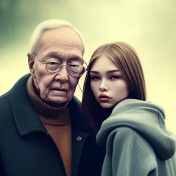 a young woman sitting next to a older man, portrait, 8K, close-up face, anatomically perfect face, Highly detailed stunning full frame portrait, misty and cloudy atmosphere