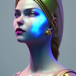 Russian woman, painted face, rounded face, glow, trap style, leather, gold, white, blue, latex coat, nose piercing, soft color, highly detailed, art stations, concept art, smooth, unreal engine 5, god rays, ray tracing, RTX, lumen lighting, ultra detail, volumetric lighting, 3d, finely drawn, high definition, high resolution, neon background.